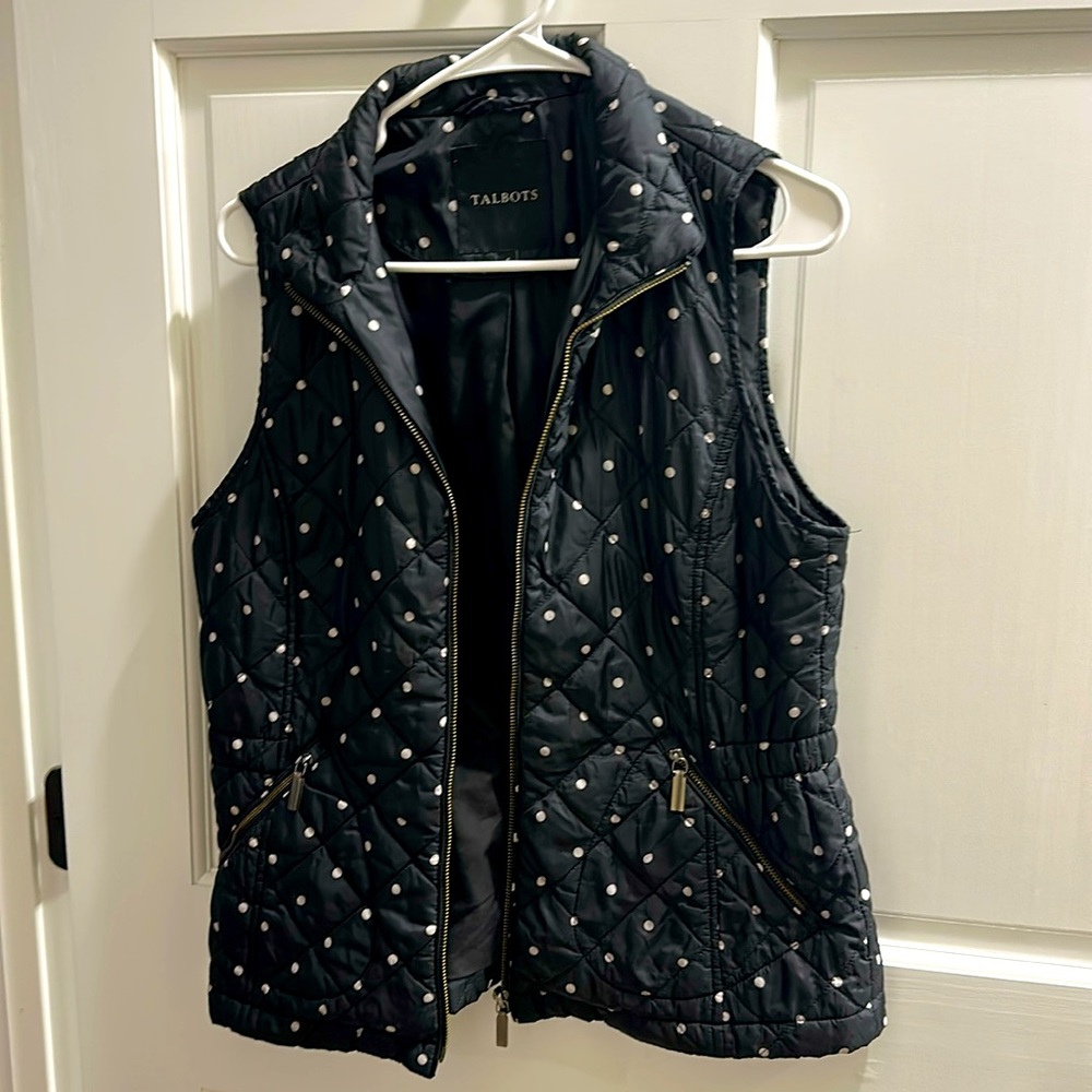 Talbots size Small black polka dot quilted vest EUC